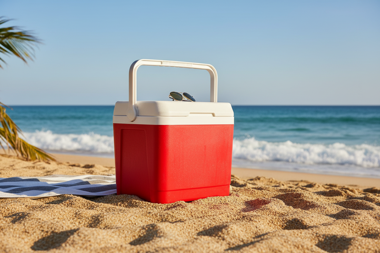 ice cooler in a sand beach